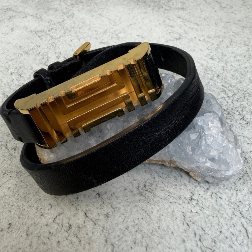 Tory Burch Fitbit Gold Tone and Black Leather Double Wrap Around Bracelet